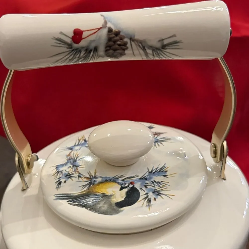 Vintage Lenox winter greetings, enamelware tea pot with a cardinal and chickadee